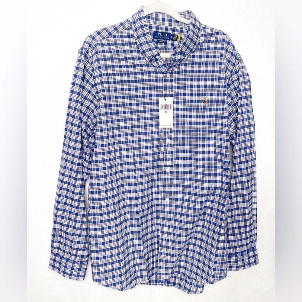 Ralph Lauren Classic Fit Plaid Blue Long Sleeve Oxford Shirt Size XL Blue
